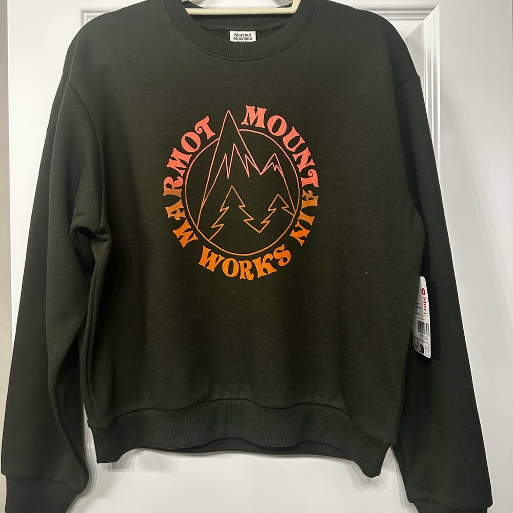 NWT WOMENS MED Marmot Dark Green Crewneck Sweater with Orange Logo